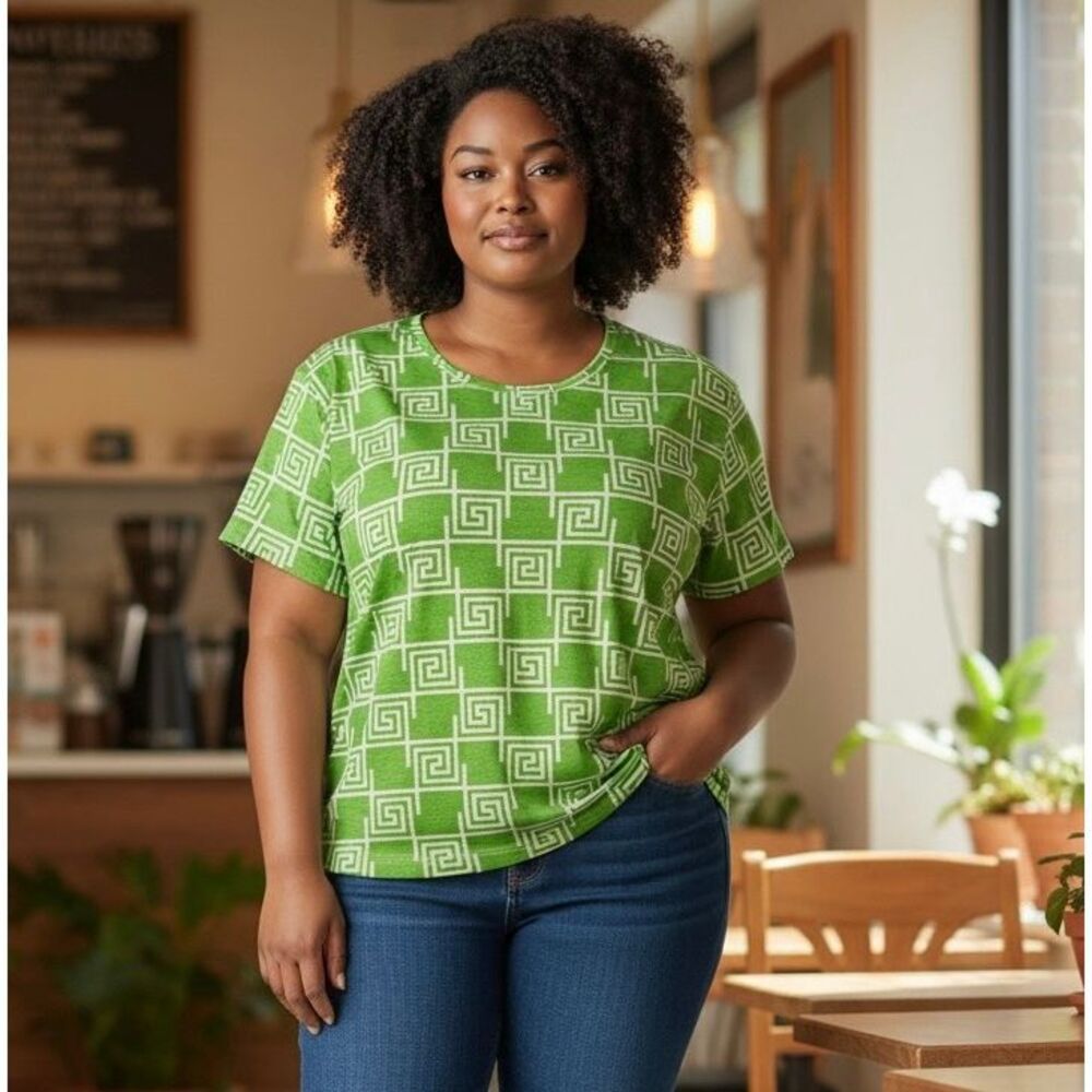 Fresh Produce Womens Top Lime Green Geometric Print 100% Cotton Beachy Size 1X